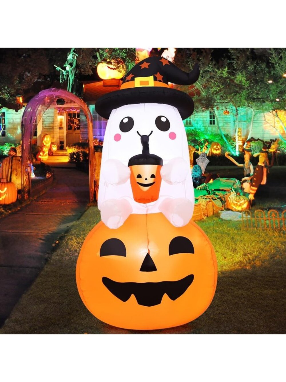 5 FT Inflatable Halloween Ghost Pumpkin Decor | LED Outdoor Yard Decoration